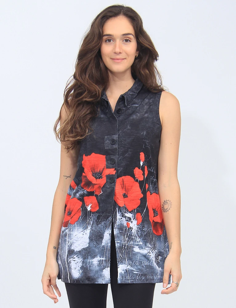 Sleeveless Button-Front Top With Red Poppy And Text Print By Tango Mango