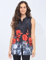 Sleeveless Button-Front Top With Red Poppy And Text Print By Tango Mango