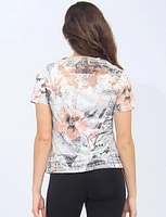Lace Back Floral Print Rhinestone Short Sleeve Top By Beta's Choice