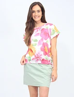 Printed Floral Short-Sleeve Adjustable Drawstring Waist Tee By Devia