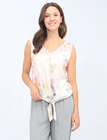 Floral Knot-Front Sleeveless V-neck Tank Top By Devia