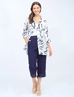 Long Button-Front 3/4 Sleeve Black And White Printed Collared Shirt By Goa