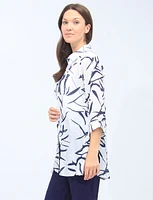 Long Button-Front 3/4 Sleeve Black And White Printed Collared Shirt By Goa