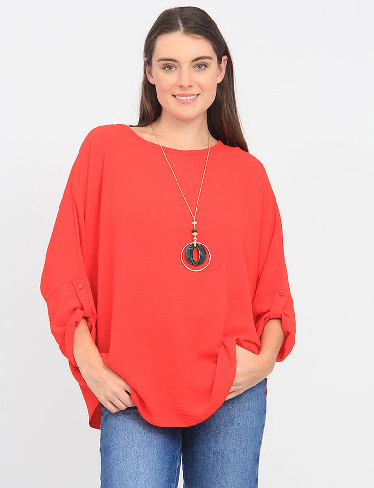 Flowy Crinkled Top with Necklace and Adjustable Sleeve by Froccella