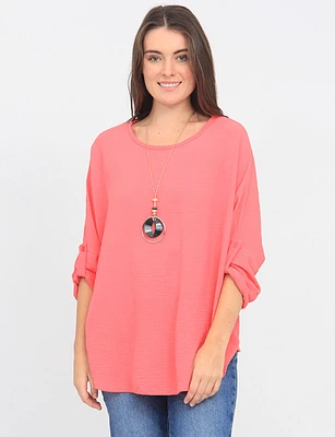 Flowy Crinkled Top with Necklace and Adjustable Sleeve by Froccella