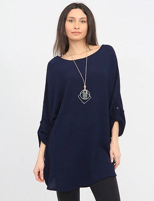 Long Crinkled Loose Fit Round Neck Tunic with Chic Necklace by Froccella