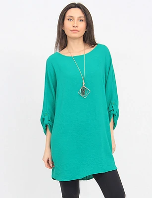 Long Crinkled Loose Fit Round Neck Tunic with Chic Necklace by Froccella