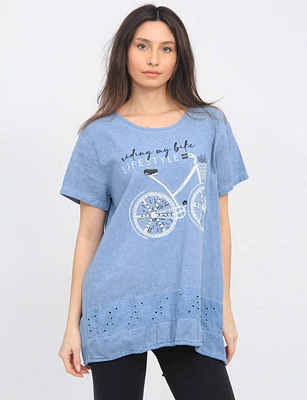 Linen Blend Bicycle Print Short Sleeve Rhinestones and Lace Top By Froccella