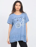Linen Blend Bicycle Print Short Sleeve Rhinestones and Lace Top By Froccella