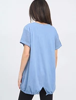 Linen Blend Bicycle Print Short Sleeve Rhinestones and Lace Top By Froccella