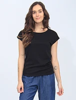 Textured Solid Cap Sleeves T-Shirt with Left Side Buttons by Mandy Evans