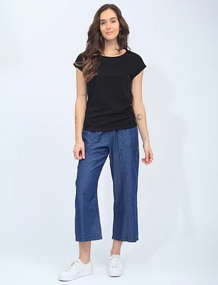 Textured Solid Cap Sleeves T-Shirt with Left Side Buttons by Mandy Evans