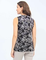 Palm Tree Leaf Print Pleated Front V-Neck Sleeveless Blouse By Mandy Evans