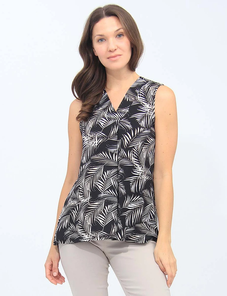 Palm Tree Leaf Print Pleated Front V-Neck Sleeveless Blouse By Mandy Evans