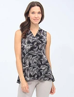 Palm Tree Leaf Print Pleated Front V-Neck Sleeveless Blouse By Mandy Evans