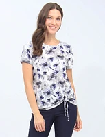 Grey and Blue Floral Ruched Tie Front Round Neck Short Sleeve Top By Mandy Evans