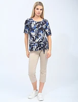 Abstract Printed Short Sleeve Top With Front Tie Gather By Amani Couture