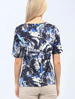 Abstract Printed Short Sleeve Top With Front Tie Gather By Amani Couture