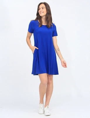 Classic Solid Short Sleeve Round Neck A-line Dress By Amani Couture