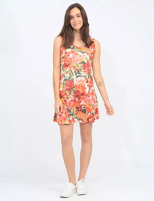 Sleeveless Orange Floral Print Knit V-neck Summer Dress By Amani Couture