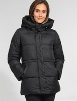 Hooded Vegan Eco-Down Adjustable-Waist Puffer Coat by Point Zero