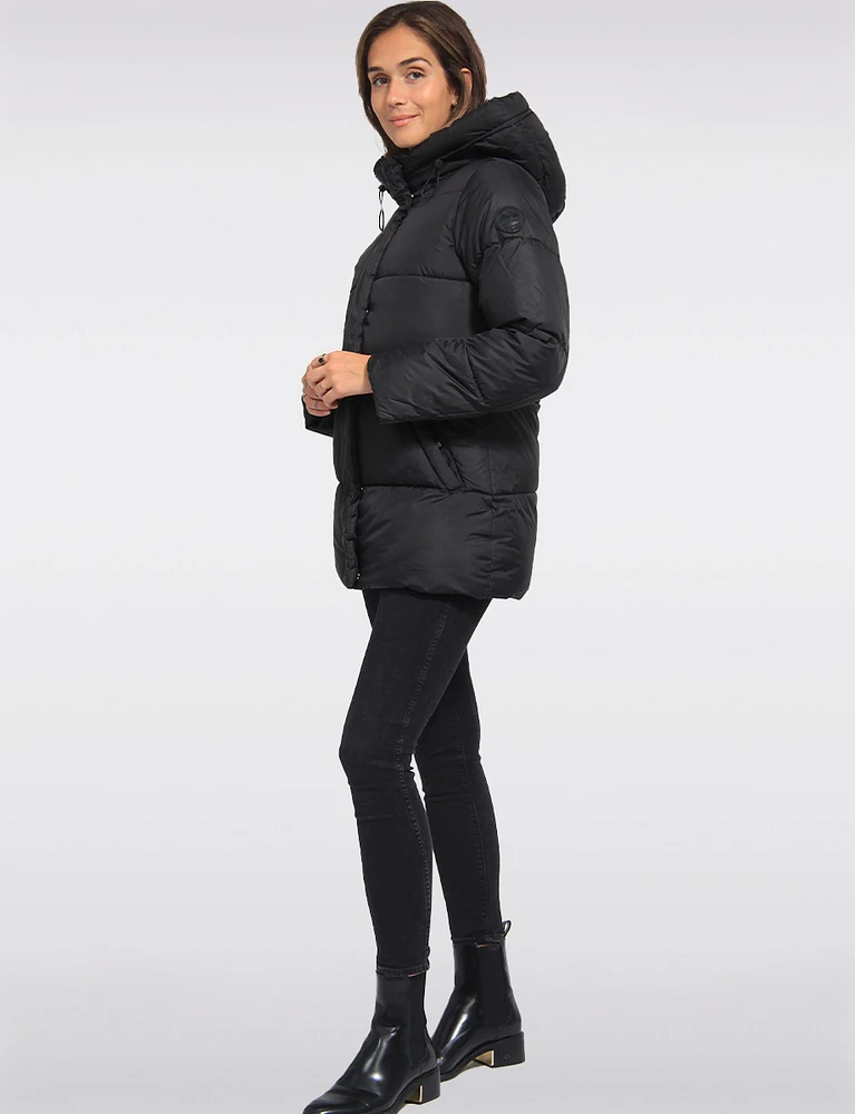 Hooded Vegan Eco-Down Adjustable-Waist Puffer Coat by Point Zero