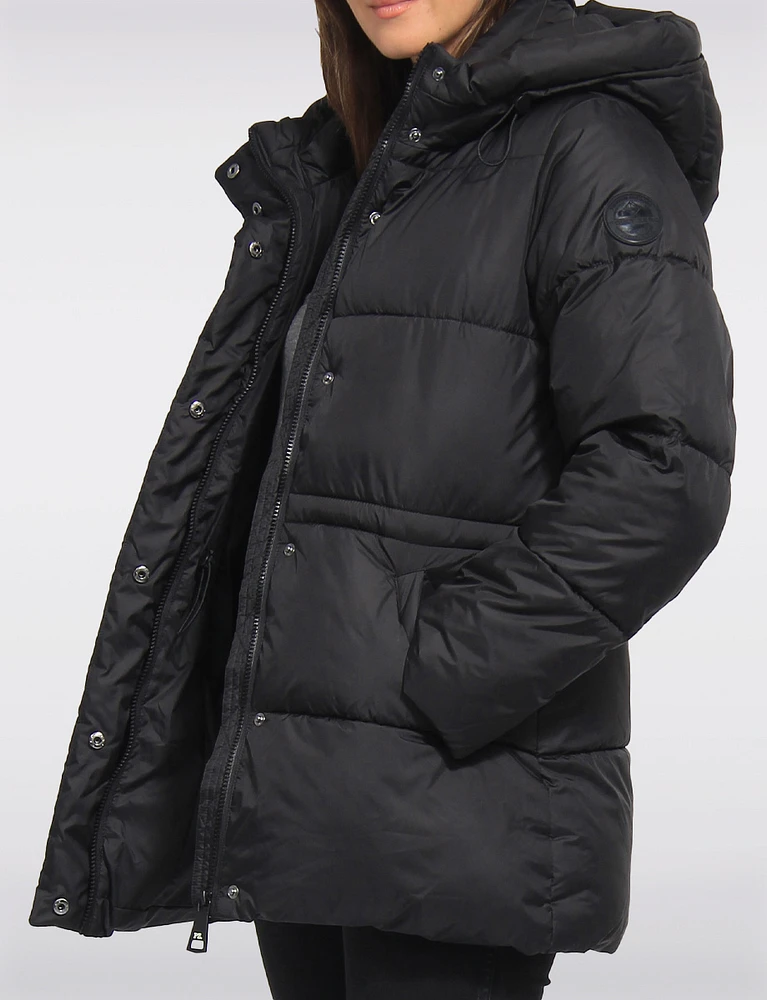 Hooded Vegan Eco-Down Adjustable-Waist Puffer Coat by Point Zero