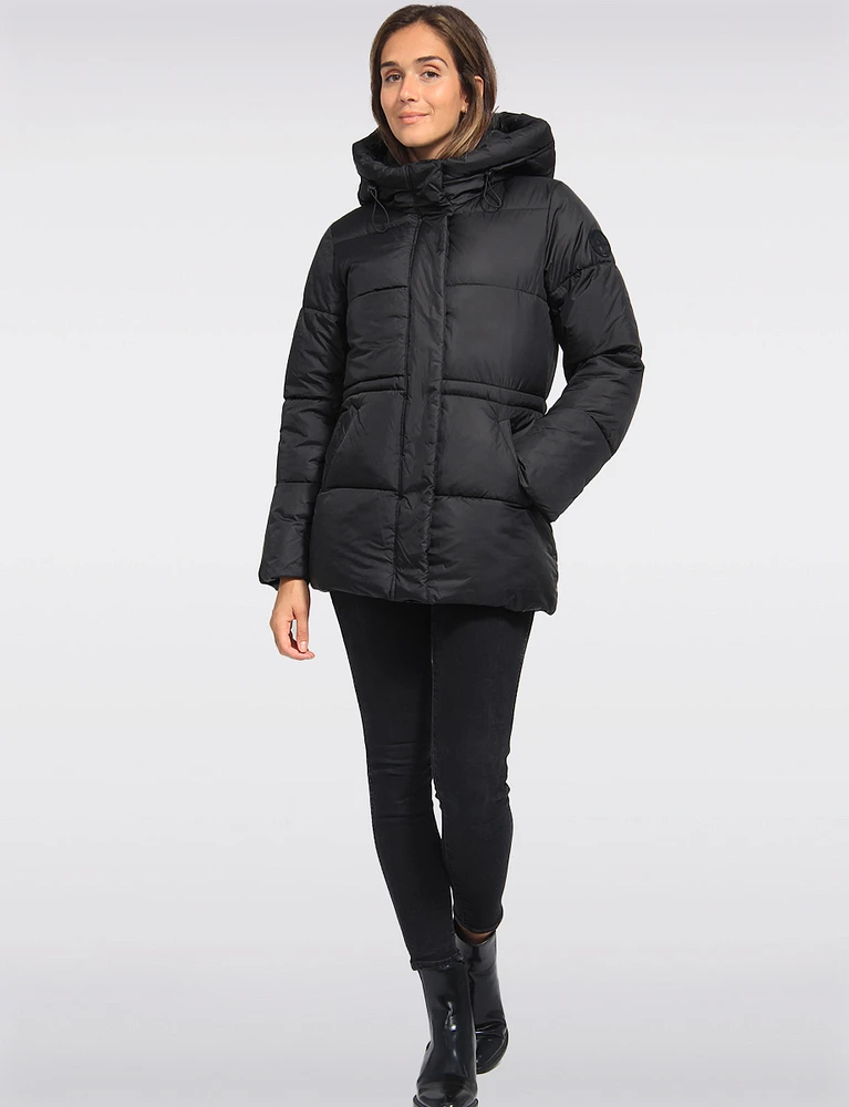 Hooded Vegan Eco-Down Adjustable-Waist Puffer Coat by Point Zero