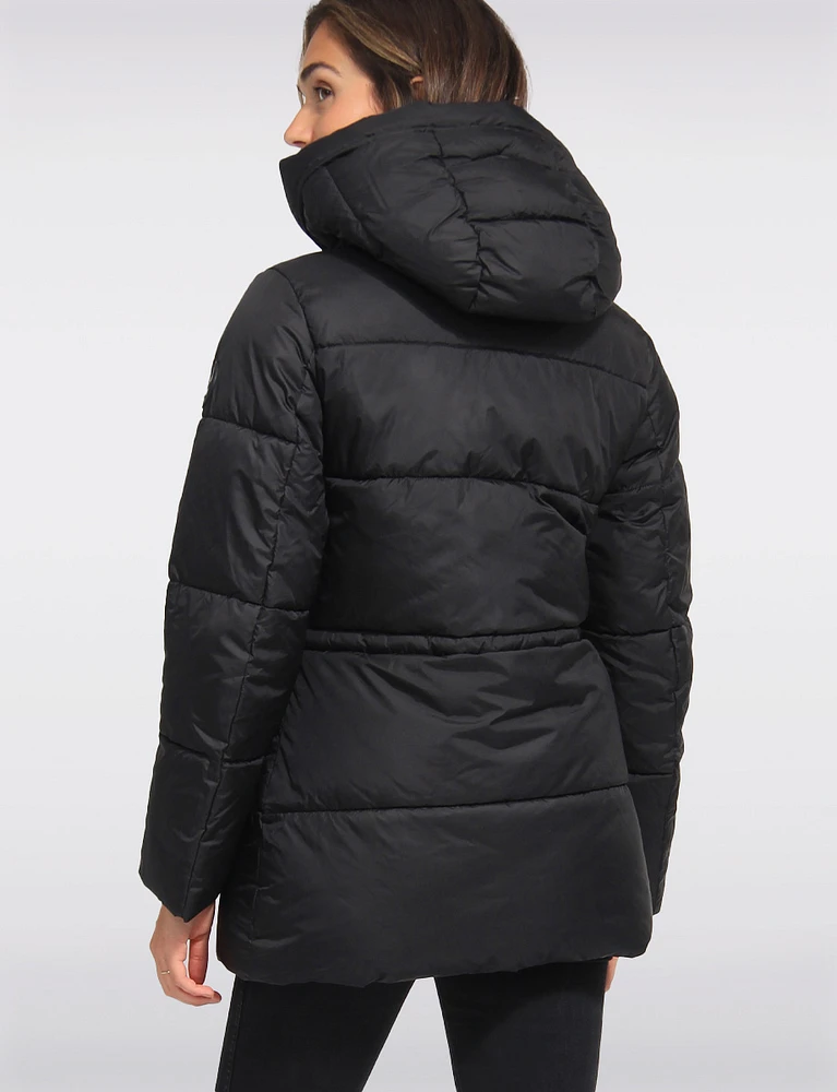 Hooded Vegan Eco-Down Adjustable-Waist Puffer Coat by Point Zero