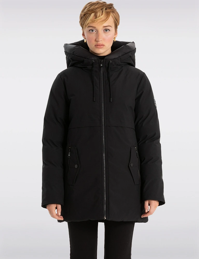 Mid-Length Eco-Down Vegan Hooded Parka With High Collar by Point Zero