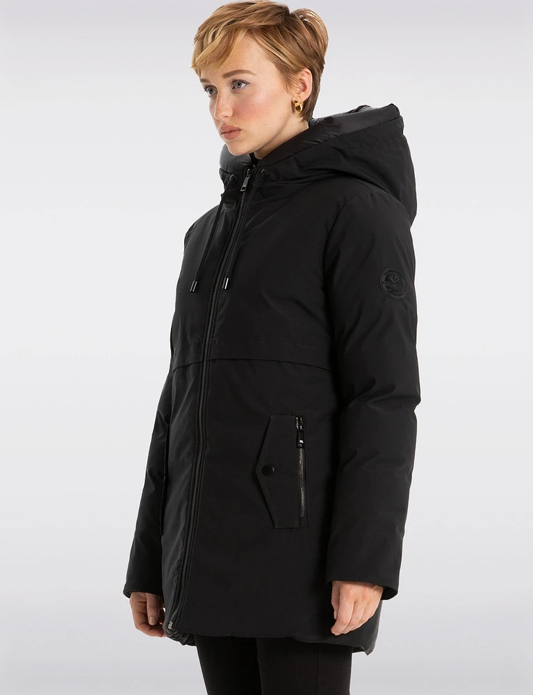 Mid-Length Eco-Down Vegan Hooded Parka With High Collar by Point Zero