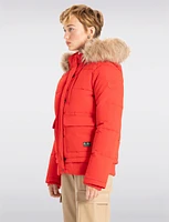 Sustainable Zip-Off Hooded Puffer Bomber with Faux Fur Trim Detail by Point Zero