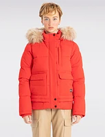 Sustainable Zip-Off Hooded Puffer Bomber with Faux Fur Trim Detail by Point Zero