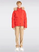 Sustainable Zip-Off Hooded Puffer Bomber with Faux Fur Trim Detail by Point Zero