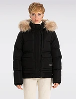 Sustainable Zip-Off Hooded Puffer Bomber with Faux Fur Trim Detail by Point Zero