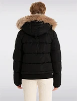 Sustainable Zip-Off Hooded Puffer Bomber with Faux Fur Trim Detail by Point Zero