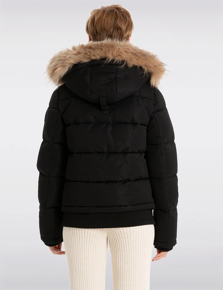 Sustainable Zip-Off Hooded Puffer Bomber with Faux Fur Trim Detail by Point Zero