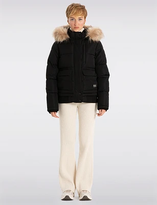 Sustainable Zip-Off Hooded Puffer Bomber with Faux Fur Trim Detail by Point Zero