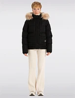 Sustainable Zip-Off Hooded Puffer Bomber with Faux Fur Trim Detail by Point Zero