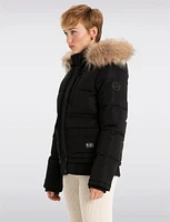 Sustainable Zip-Off Hooded Puffer Bomber with Faux Fur Trim Detail by Point Zero