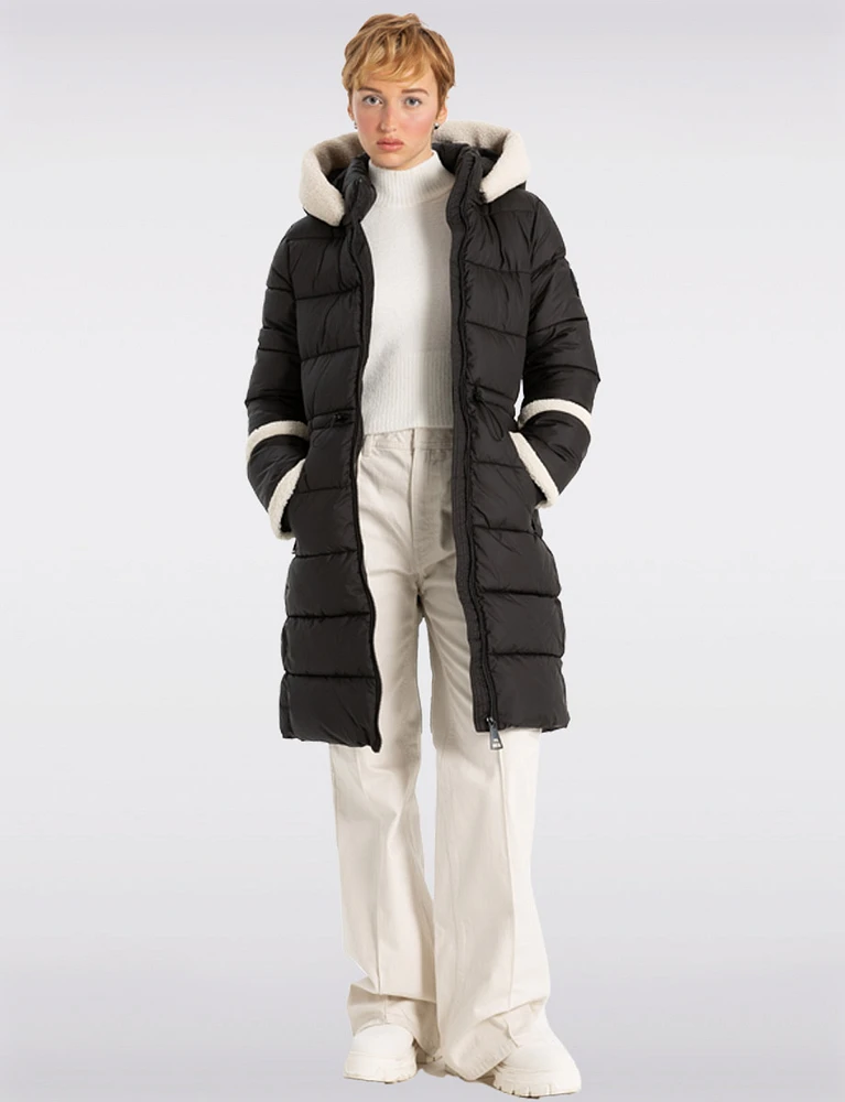 Long Vegan Quilted Parka with Sherpa Accents by Point Zero