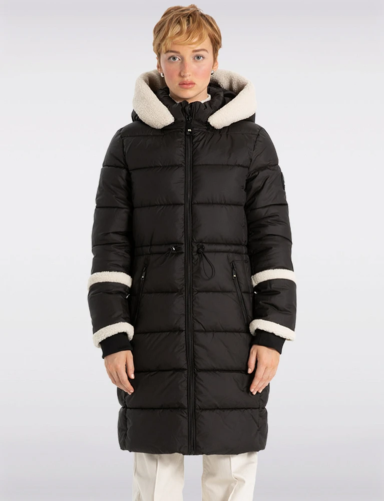 Long Vegan Quilted Parka with Sherpa Accents by Point Zero