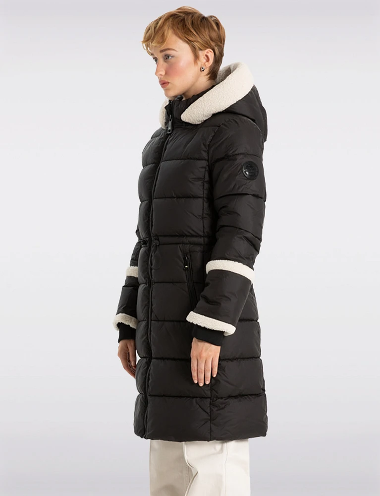 Long Vegan Quilted Parka with Sherpa Accents by Point Zero