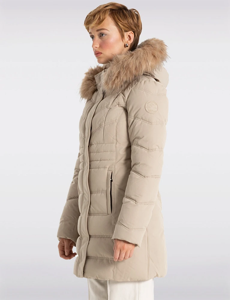 Vegan Long Puffer Jacket with Faux Fur Trim Removable Hood by Point Zero