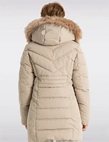 Vegan Long Puffer Jacket with Faux Fur Trim Removable Hood by Point Zero