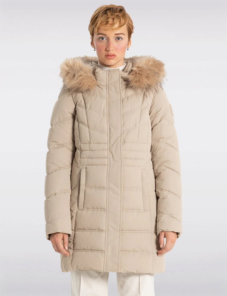 Vegan Long Puffer Jacket with Faux Fur Trim Removable Hood by Point Zero