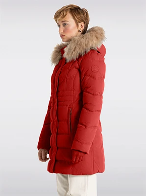 Vegan Long Puffer Jacket with Faux Fur Trim Removable Hood by Point Zero