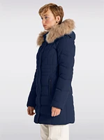 Vegan Long Puffer Jacket with Faux Fur Trim Removable Hood by Point Zero