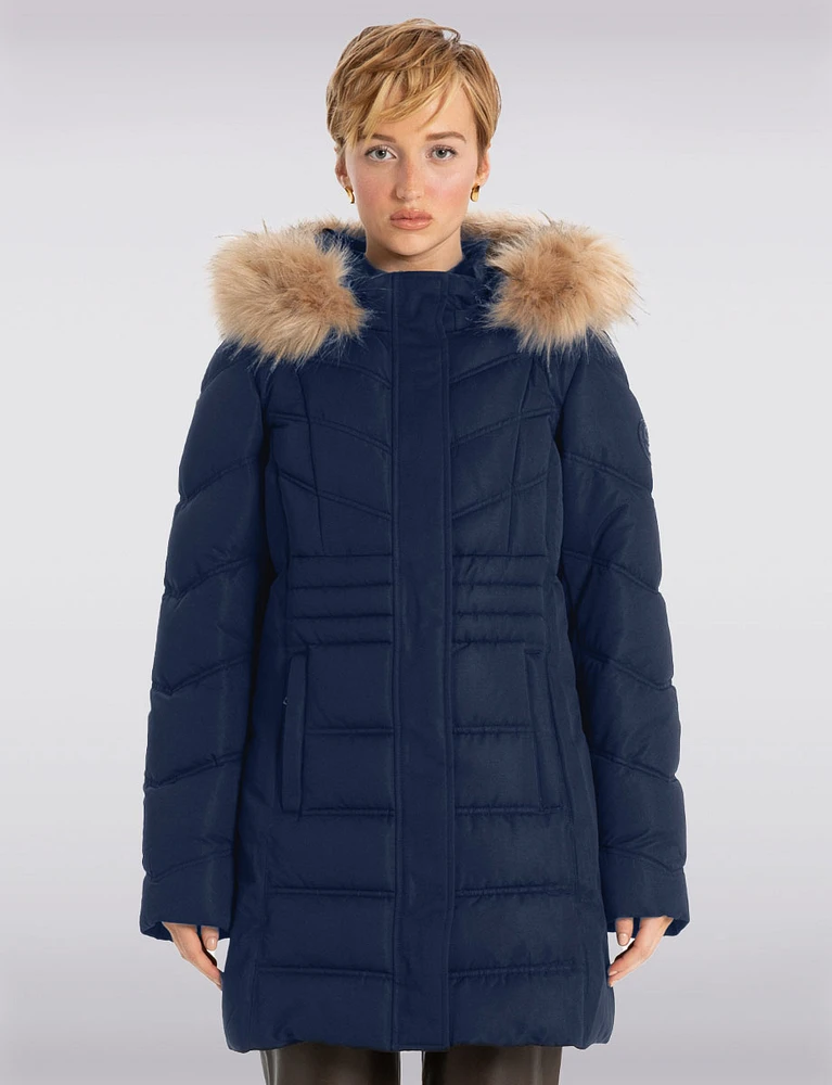 Vegan Long Puffer Jacket with Faux Fur Trim Removable Hood by Point Zero