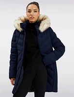 Vegan Long Puffer Jacket with Faux Fur Trim Removable Hood by Point Zero